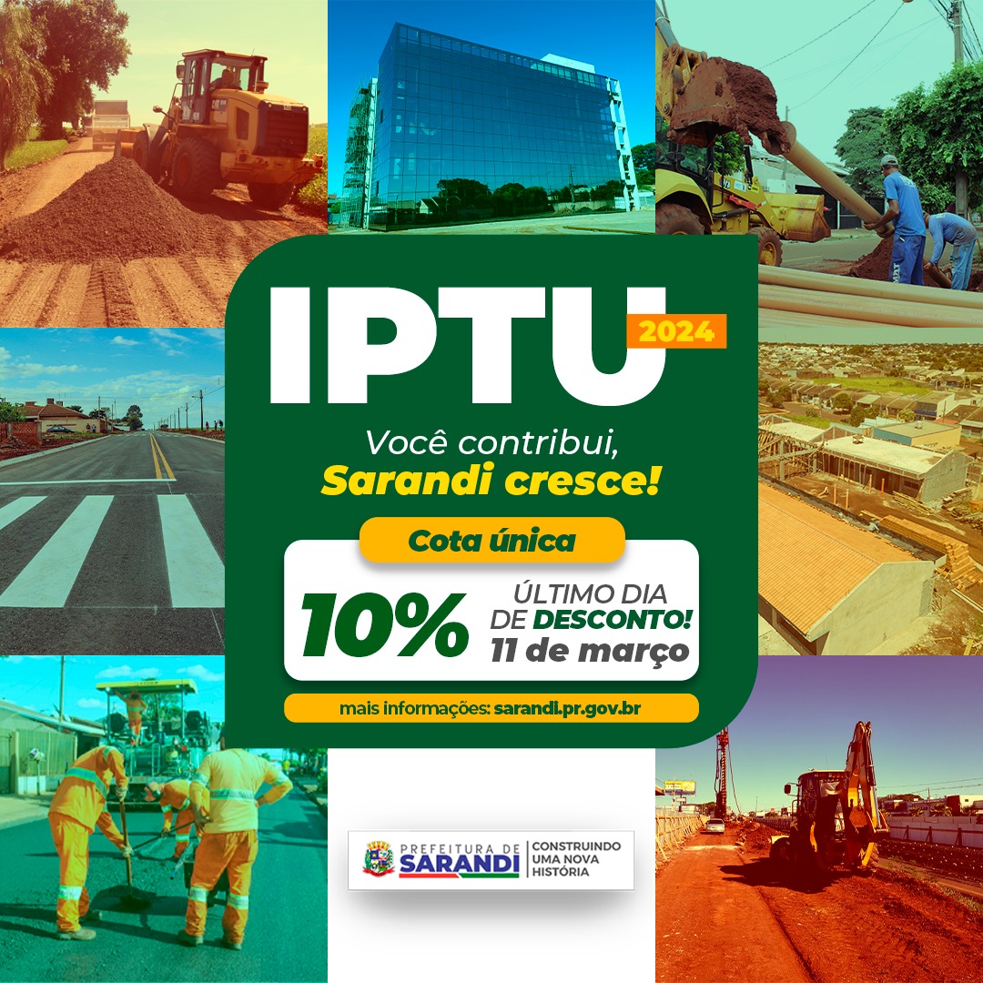 Prazo para pagamento de cota única do IPTU 2024 com desconto de 10% vence na segunda, 11